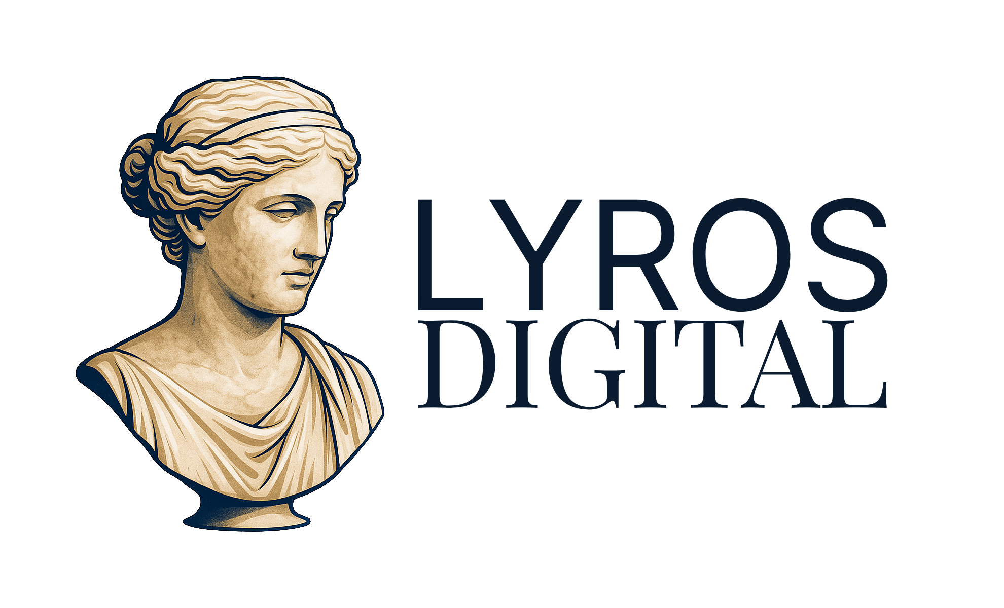 Lyros Digital logosu — lacivert hatlı ve altın dokulu klasik Yunan kadın büstü simgesi.