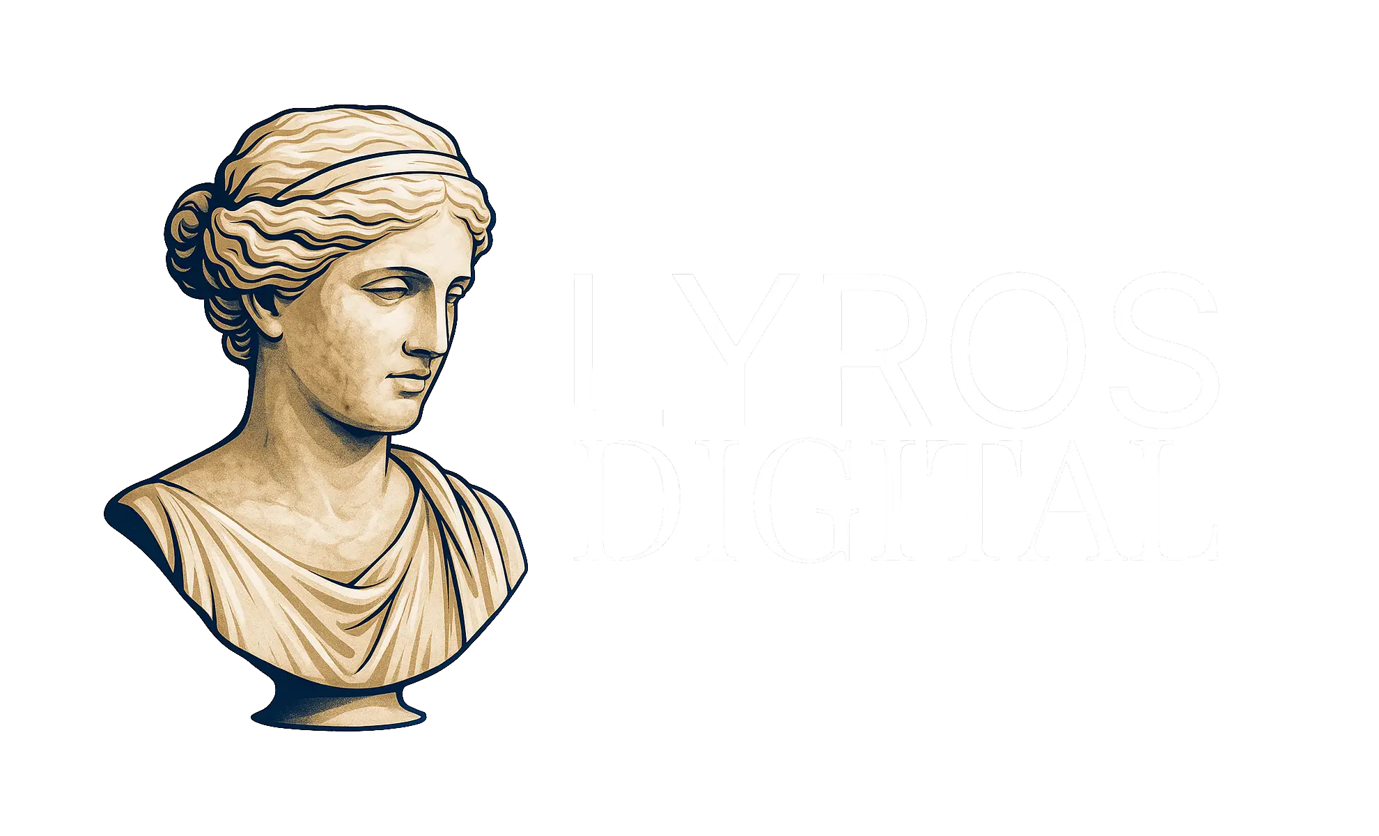 Lyros Digital logosu — lacivert hatlı ve altın dokulu klasik Yunan kadın büstü simgesi.